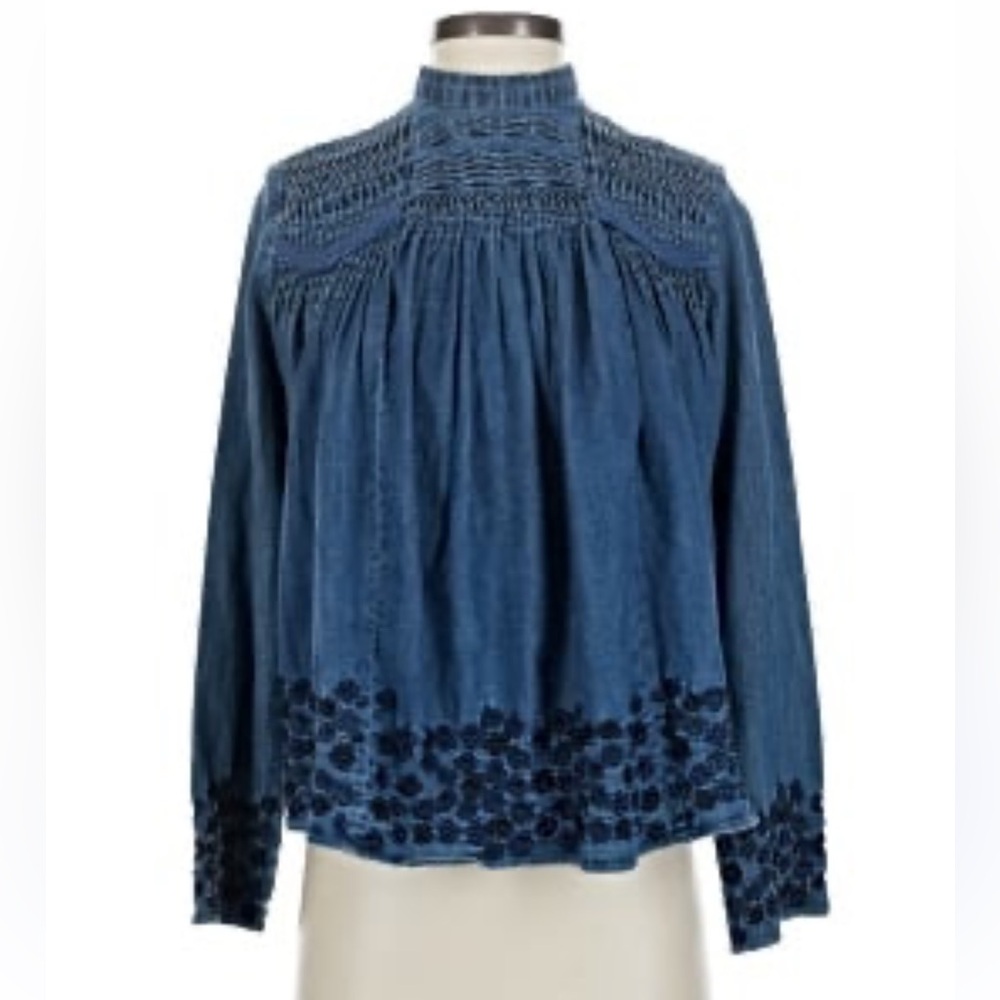 Needle & Thread pintucked embroidered denim high neck‎ blouse EUC size small